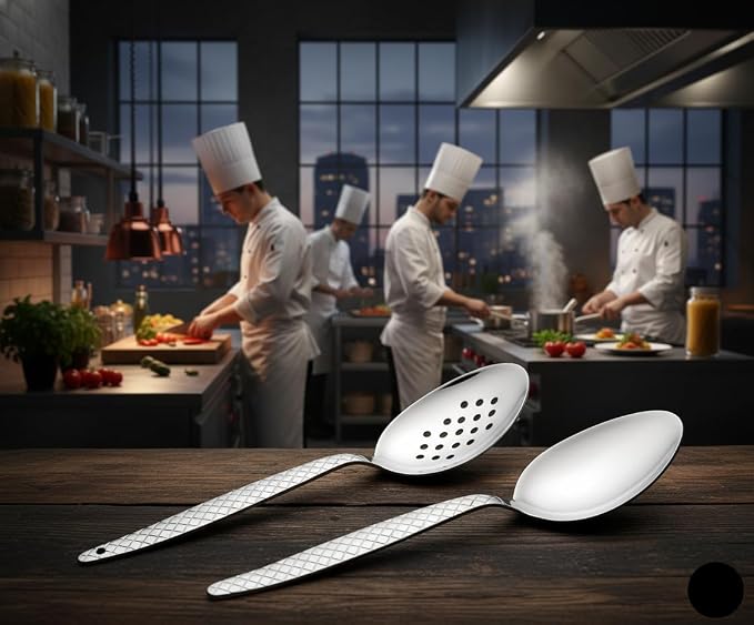 Chef Kunz Spoon | Pack of 2 | 9 inch 18/10 Stainless Steel Silver Plating Spoon | Non-Slip Grip Spoons for Basting, Quenelle, Serving, Sauces (Medium 2, kunz Spoon Set (2 piece) - Image 2