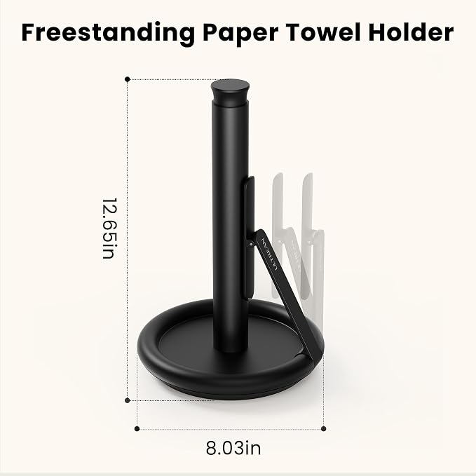 Ultrean Paper Towel Holder Countertop, Freestanding Paper Towel Dispenser with Spring-Loaded Arm for One-Handed Tear, Weighted Non-Slip Base, Stainless Steel for Kitchen, Black - Image 6