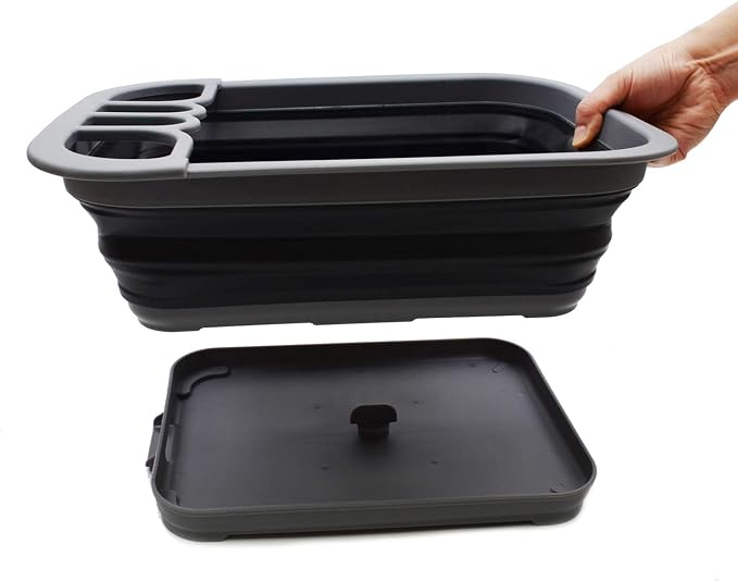 SAMMART Collapsible Dish Drainer with Drainer Board - Foldable Drying Rack Set - Portable Dinnerware Organizer - Space Saving Kitchen Storage Tray (1, Grey/Black) - Image 6