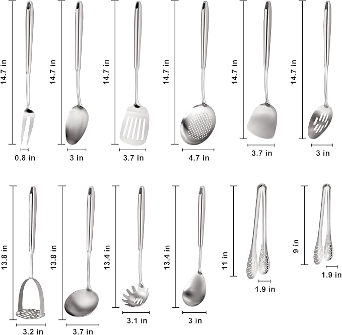 Stainless Steel Kitchen Utensils Set 18 10 Stainless Steel Cooking Utensils Set - 12 PCS Large Metal Cooking Utensil Tools Set - Image 2
