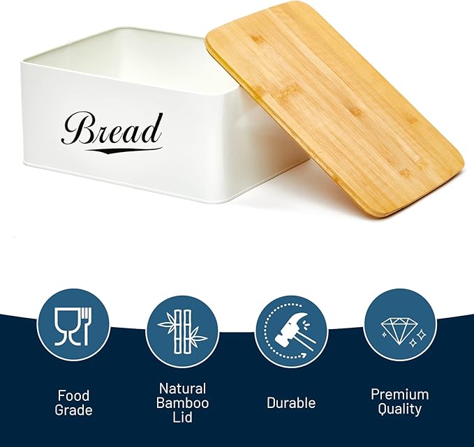 Modern Metal Bread Box with Bamboo Cutting Board Lid | Bread Storage Container for Kitchen Counter, Vintage Kitchen Decor Organizer - Image 3