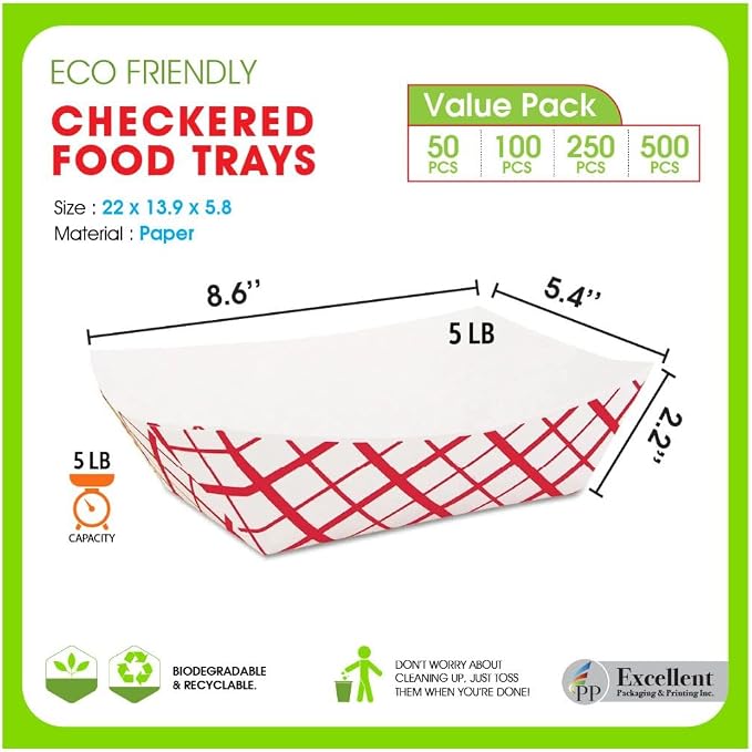 Excellent 5 lb Paper Food Boats Heavy Duty Disposable Food Trays, Red Check Nacho Tray for Parties Fairs Picnics Carnivals, Fries Hot Dog Grease Resistant 100,250,500CT (500) - Image 3