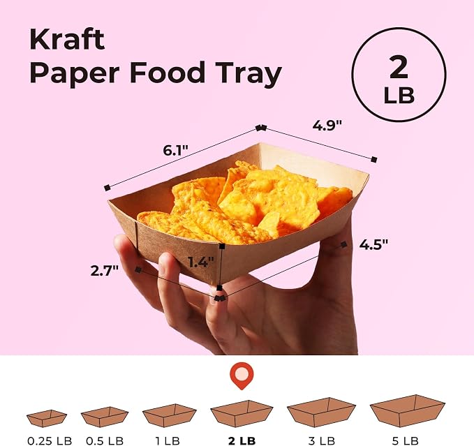 Fit Meal Prep [250 Pack 2 lb Paper Food Boats Heavy Duty Disposable Food Trays, Kraft Brown Nacho Tray for Parties Fairs Picnics Carnivals Holds Tacos Nachos Fries Hot Dogs Grease Resistant - Image 2