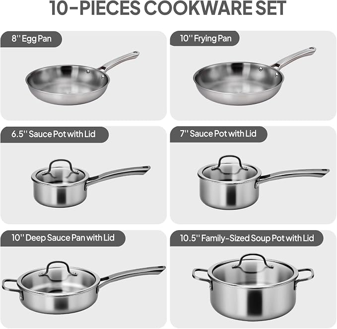 VINGLI 10 Pcs Cookware Set, Stainless Steel Pots and Pans Set with Lids, Non-Toxic Saute Sauce Pot, Soup Pot, Frying Pan, PFOA & PTFE Free, Compatible for All Cooktops(10 Cookware Set) - Image 2