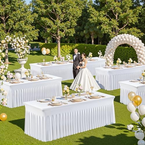 2 Pack 8ft White Spandex Tablecloths for Rectangle Tables Wrinkle Free White Rectangle Table Cloth Stretch Fitted 8 foot Table Cover with Skirt for Wedding Birthday Party Banquet Baby Shower Buffet - Image 4