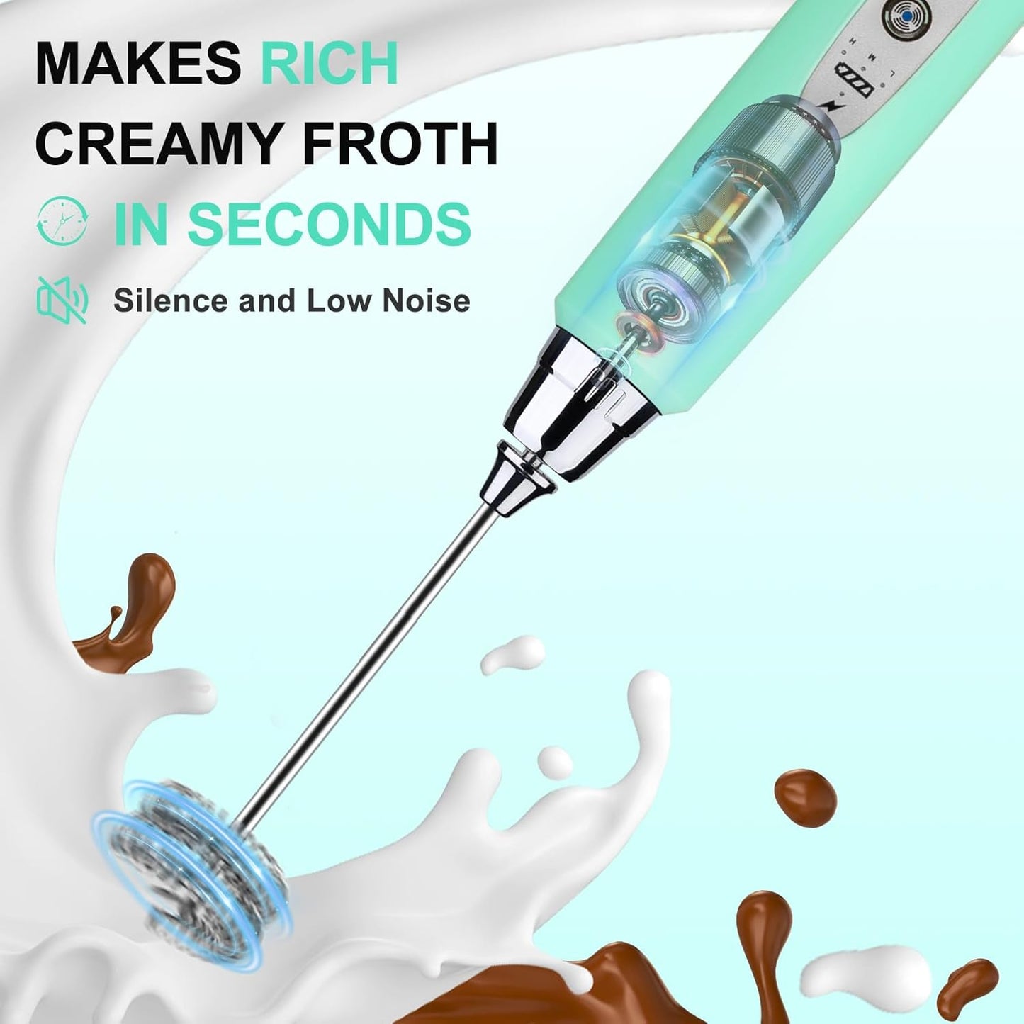 YUSWKO Baby Blue Handheld Milk Frother Wand for Coffee, Rechargeable Electric Whisk with 3 Heads 3 Speeds Drink Mixer Coffee Frother For Latte, Cappuccino, Hot Chocolate, Egg