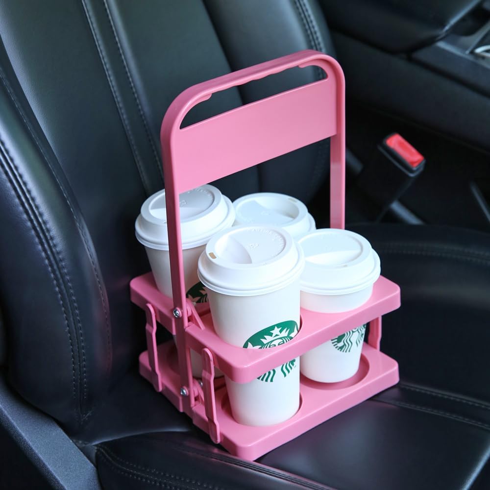 Musbus Reusable Drink Carrier with Handle for Doordash, Grubhub, Portable Cup/Coffee Holder Accessories for Delivery, Foldable Drinks Caddy with Tray, Car Durable Plastic Festive Bottle, Vacation