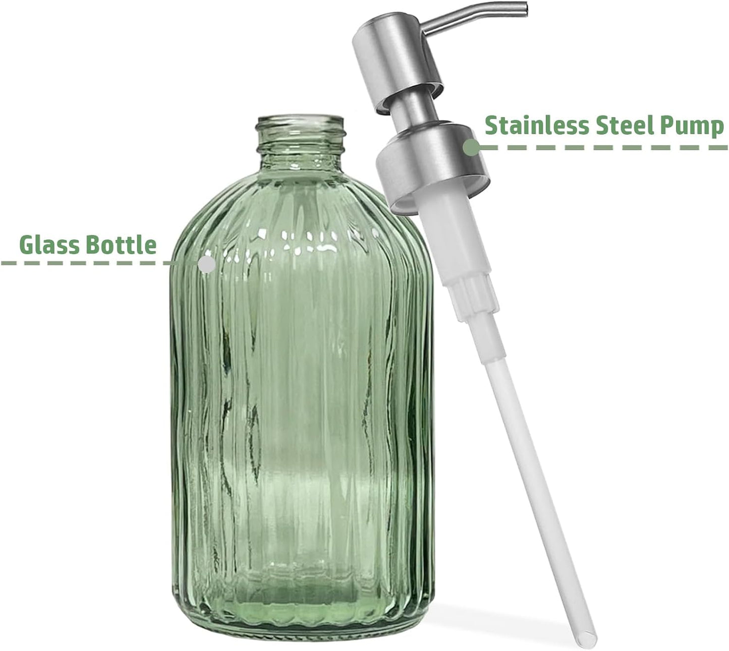 14Oz Green Soap Dispenser Bathroom, Clear Glass Hand Soap Dispensers with Stainless Steel Pump, Refillable Dish Soap Dispenser with Funnel for Kitchen, Countertop Soap Dispensers