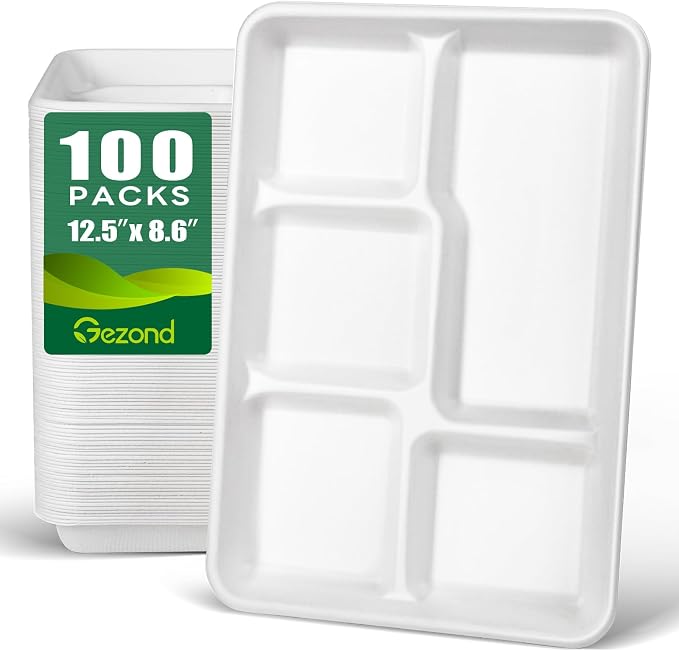 Gezond 100% Compostable 5 Compartment Plates Disposable 12.5 Inch 100 Pack | School Lunch Trays Heavy Duty Divided Eco-Friendly Biodegradable Sugarcane Plates for Party Buffet Lunch Dinner by Gezond%C2%AE