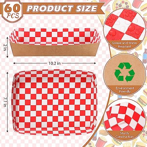 Disposable Red White Checkerboard Paper Food Trays 5 lb Heavy Duty Kraft Paper Food Serving Boats 10.2 x 7.1 x 2 Inch Nacho Taco Hot Dog Chips Snack Hamburger Holder for Party Restaurant (60 Pcs) - Image 2