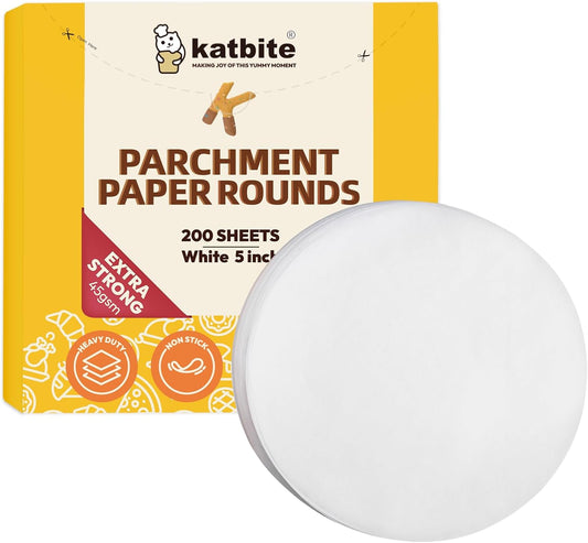 Katbite 200Pcs 5 Inch Parchment Paper Rounds, Extra Strong Heavy Duty & Non-stick for Patty Separating, Freezing, Springform Cake Tin, Toaster Oven, Tortilla Press