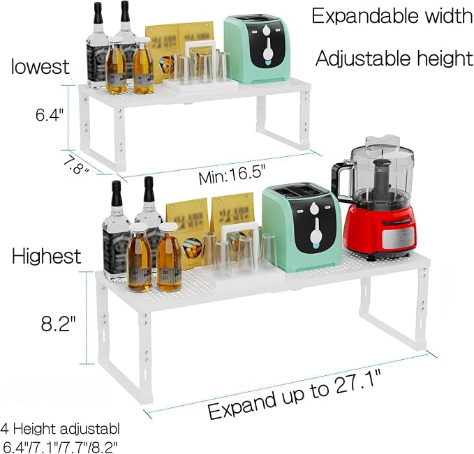 Heavy-Duty Adjustable Metal Shelf Organizer - Expandable & Stackable Pantry Storage Rack for Kitchen, Bathroom, RV, Cabinets(2 Packs/White, Medium) - Image 3