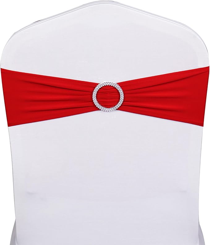 Wedding Red Chair Sashes 100 Pack Spandex Chair Bows Bands with Buckles for Party Birthday Bridal Shower Engagement Banquets Anniversary Christmas Outdoor Events Decorations (Red) - Image 2
