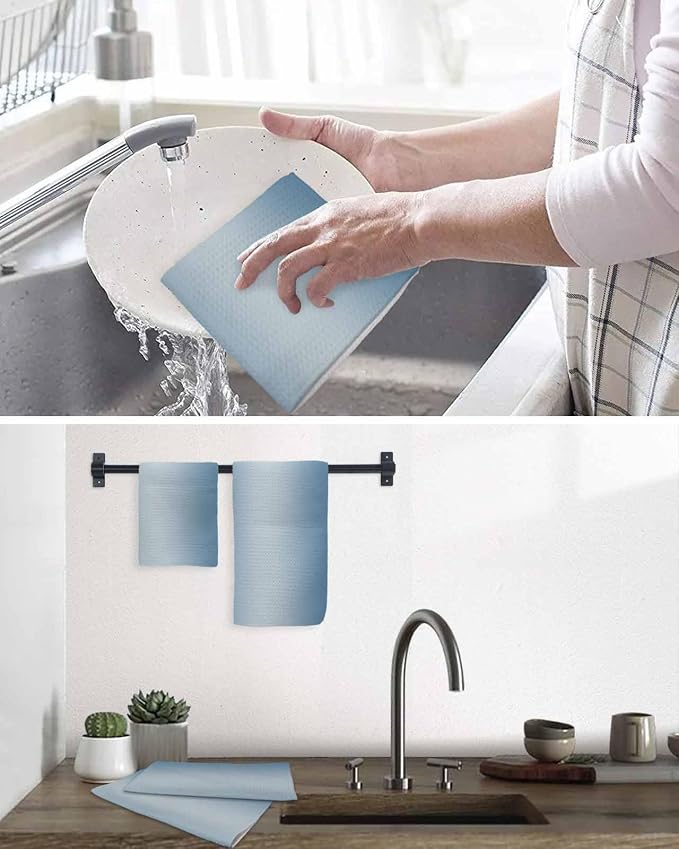 Ombre Haze Blue Dish Towels Set, Waffle Weave Kitchen Towels Microfiber Towels Cleaning, Contemporary Gradual Minimalist Solid Color Soft Absorbent Dish Drying Towels Hand Towels 2 Pack 12x12 Inch - Image 6