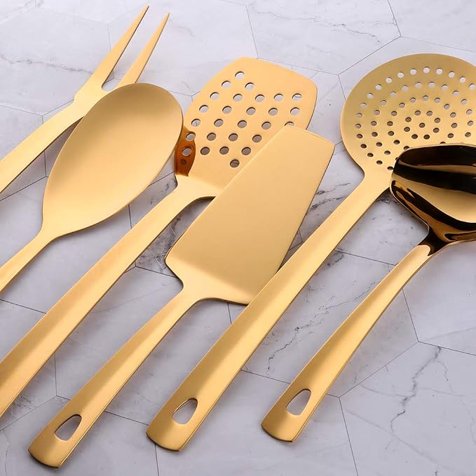 Stainless Steel Kitchen Utensil Set, BuyGo 12-Piece Gold Cooking Utensils with Integrated Hanging Loop, Mirror Polish and Dishwasher Safe - Image 2