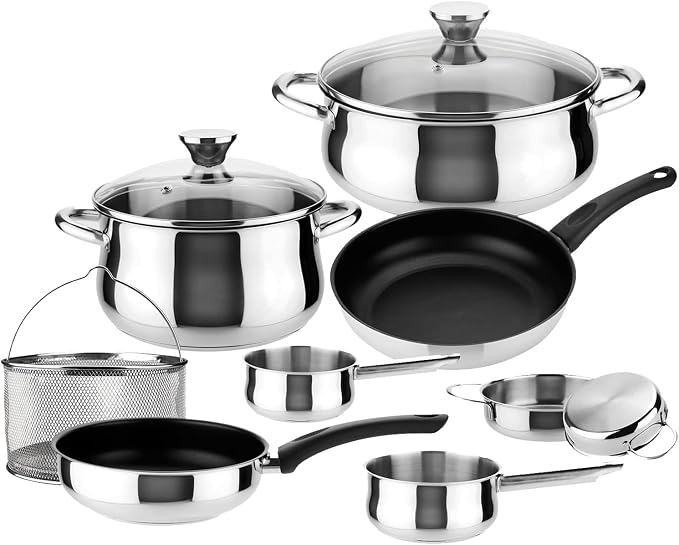 MAGEFESA IDEAL 11-Piece Cookware Set: 2 Stockpots, 2 Saucepans, 2 Mini Sauté Pans, 2 Skillets, Mesh Strainer, Stainless Steel, All Stovetops (Incl. Induction), Dishwasher Safe by Magefesa