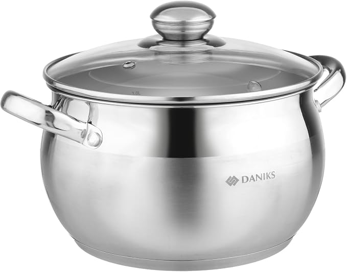 Daniks Classic 4 Quart Stainless Steel Stock Pot with Glass Lid, Tri-Ply Bottom for Even Heating, Induction Compatible, Dishwasher Safe by Daniks