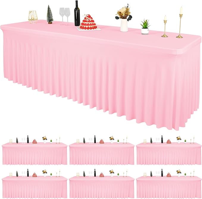 6 Packs Pink Spandex Table Clothes for 8 Ft Tables by REWOMC