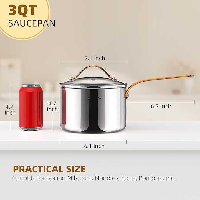 Ciwete 3 Quart Sauce Pan with Lid, Upgraded Tri-Ply Stainless Steel Saucepan with Mirror Polishing and 2 Scales, Induction Ready Cooking Pot with Stay-Cool Brass Handle, Dishwasher & Oven Safe - Image 2