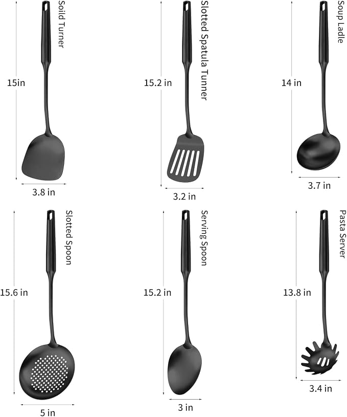 304 Stainless Steel Cooking Utensil,Kitchen Kitchen Utensil with Spatula, Solid Spoon, Ladle, Skimmer, Spaghetti Spoon, 6 Piece Set, Dishwasher Safe(Black) - Image 2