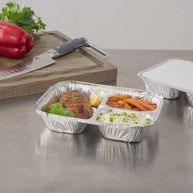 Restaurantware Foil Lux 23 Ounce Aluminum Food Containers 100 Rectangle Aluminum Pans - Lids Sold Separately 3 Compartments Silver Aluminum Foil Containers For Storing Baking And Meal Prep - Image 3
