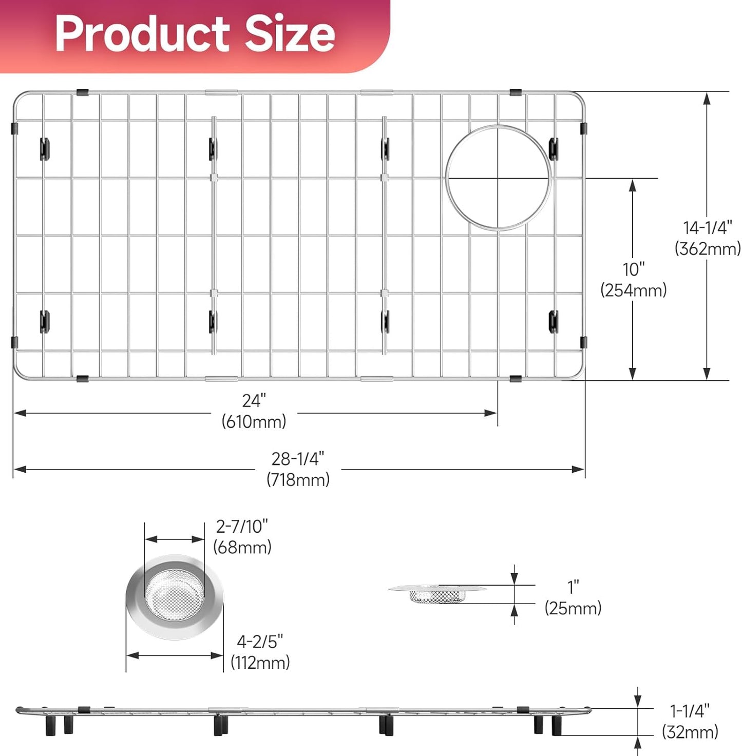 28-1/4" x 14-1/4" x 1-1/4" Stainless Steel Sink Rack for Bottom of Sink, Metal Sink Protectors For Kitchen Sink, Sink Grid, Sink Bottom Grid with Side Drain, Kitchen Sink Grid with Sink Strainer