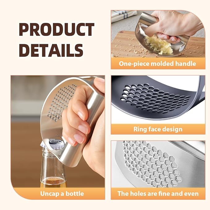 Stainless Steel Garlic Presser, Upgrade Rocker Crusher Masher with Garlic Peeling, 2026 New Portable Manual Stainless Steel Garlic Press for Home Kitchen Utensils (1) - Image 3