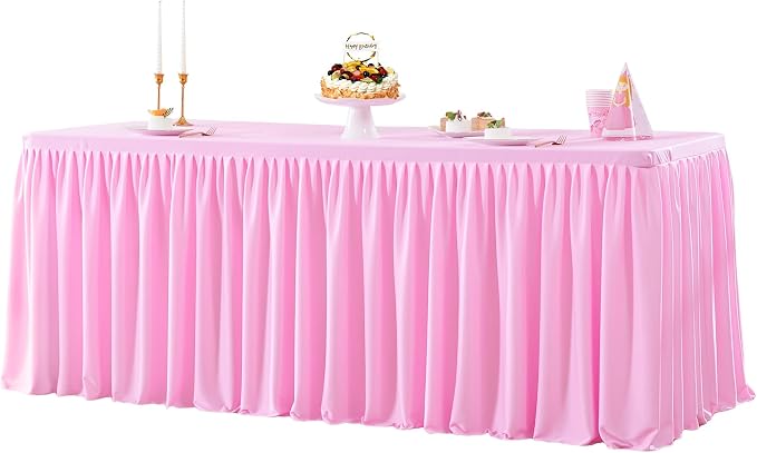 Wish Care Pink Polyester Table Clothes for 4 Foot Rectangle Tables, Wrinkle Free Fitted Table Cover with Pleated Ruffle Table Skirt for Birthday Party Wedding Trade Show Event Display by WishCare