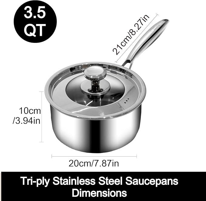 3.5 QT Tri-Ply Stainless Steel Saucepan with Visible Lid Small Pot Sauce Pan for Cooking Milk Noodle Pasta Soup Vegetable, Dishwasher Safe Induction Compatible(Detachable Handle) - Image 4