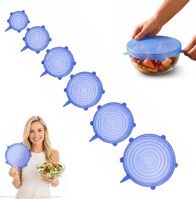 Silicone Stretch Lids 6 Pack Reusable Food Storage Covers, Blue | 6 Reusable Silicone Stretch Lids • Flexible Fit • Food Storage • Microwave & Freezer Safe • Multi-Size Kitchen Covers by MENDED