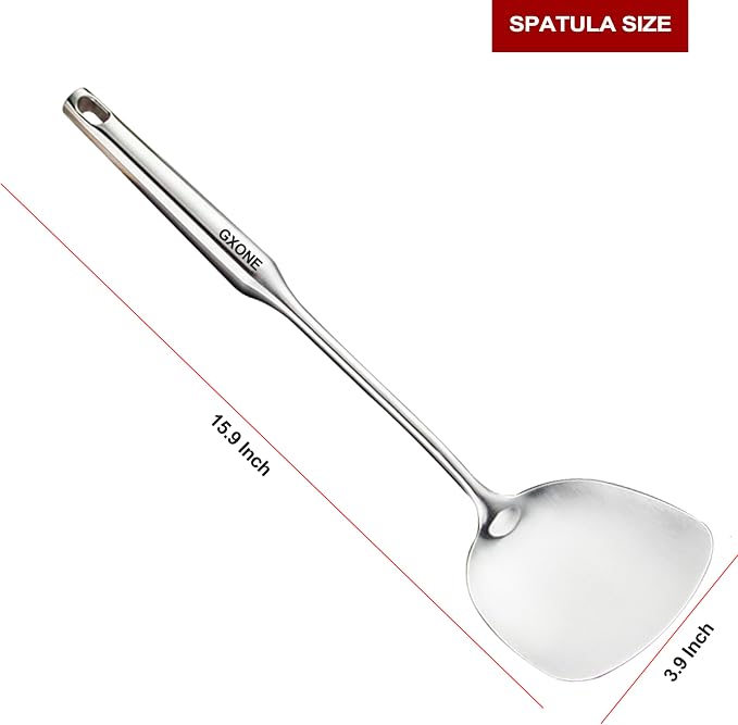 Wok Spatula,Stainless Steel,Long Handle Wok Utensils,Silver/14.7Inch - Image 2