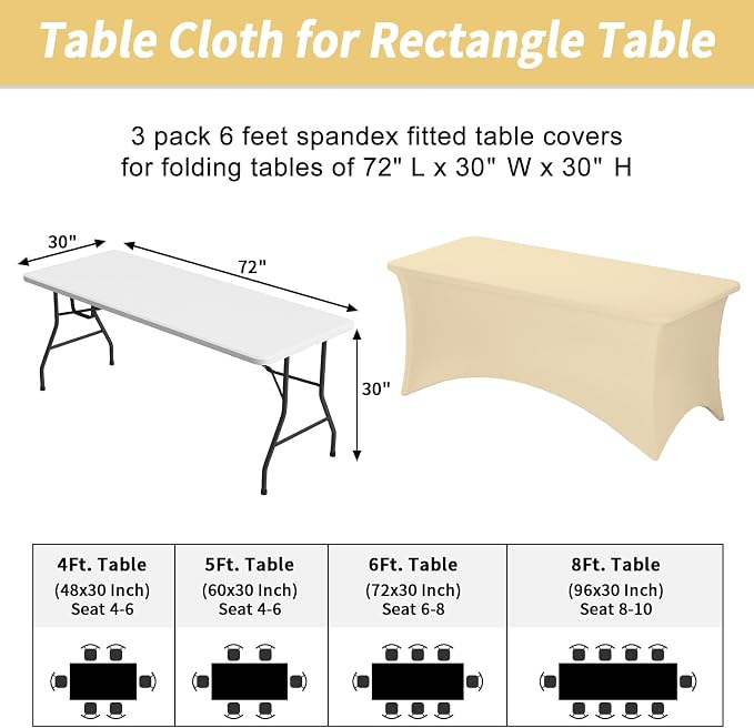 Fixwal 3 Pack 6FT Champagne Tablecloth Rectangle Spandex Fitted Table Cover - Image 3