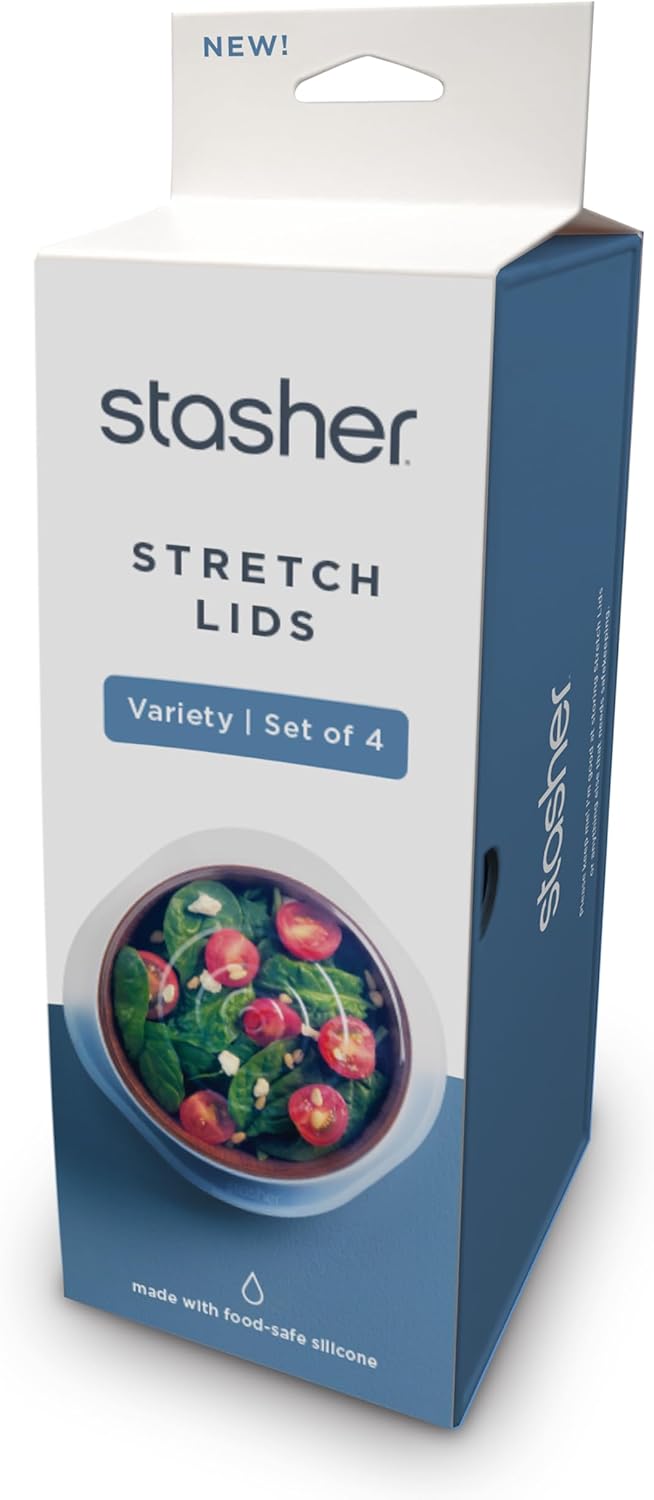 Stasher Premium Reusable Silicone Stretch Lids Variety 4-Pack, Clear, 9”, 6.5”, 4.5”, 2.5”, Airtight Seal, Food Container Covers, BPA Free, Leak-free, Dishwasher Safe, Microwave Safe, Eco-Friendly