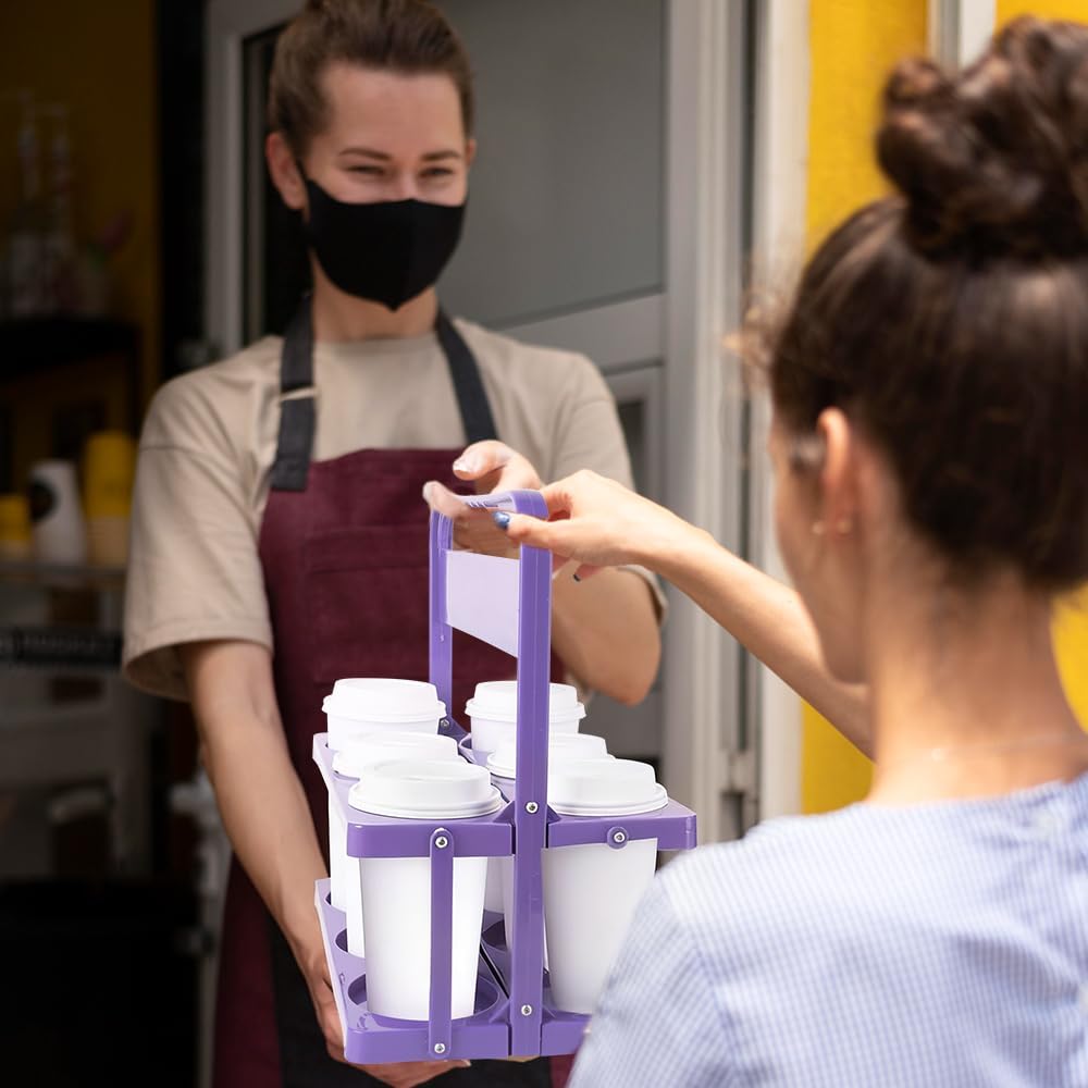 Bodaon 6 Cup Drink Carrier with Handle, Plastic Cup Holders for GrubHub/Doordash Delivery, Reusable Foldable Car Drink Caddy, Leakproof Food Delivery Accessories, 360° Secure Grip, Lavender