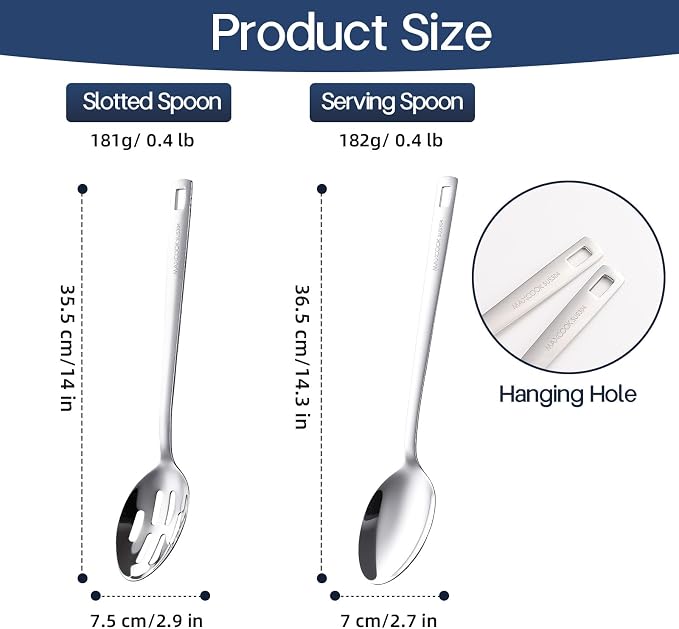 18/8 Stainless Steel Cooking Spoons Set, 2 Pcs, Dishwasher-Safe - Image 2