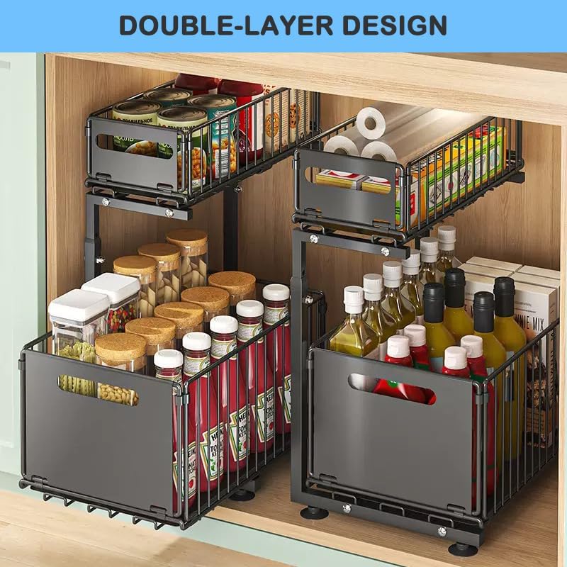 Under Sink Organizer with Adjustable Height, 2 Tier Pull Out Cabinet Design, Sliding Sink Shelf for Enhanced Storage Capacity, Counter Organizer Storage for Kitchen & Bathroom, Black, 2 Pack - Image 3