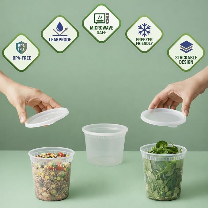 144 Sets Plastic Deli Containers with Lids - 16oz Pint & 32oz Quart | Leak Proof, Microwaveable, Dishwasher & Freezer Safe - Plastic Food Storage, Meal Prep, Restaurant & Soup Containers - Image 3