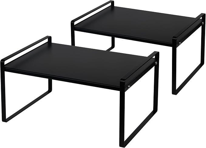 Nxconsu Stackable Cabinet Shelf Organizer 2 Pack, Wide Tall Black | Heavy-Duty 3mm Steel Stackable 2-Tier Shelf, Holds 50 lb, for Kitchen Cabinet Pantry Cupboard Counter Bathroom Under Sink by Nxconsu
