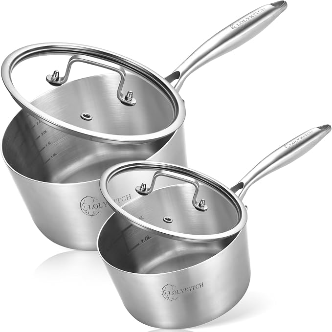 LOLYKITCH 1QT & 2QT Stainless Steel Saucepan Set with Glass Lids by LolyKitch