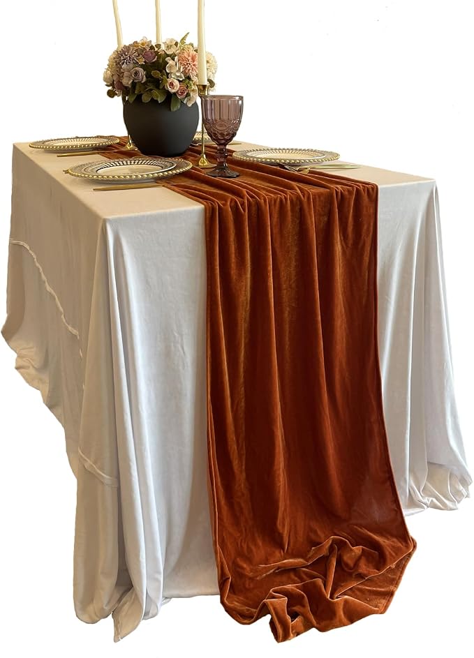Luxurious Velvet Table Runner, Terracotta 120 Inches Wedding Table Runners, 10ft Velvet Home Party Table Decorations by BTFHOME