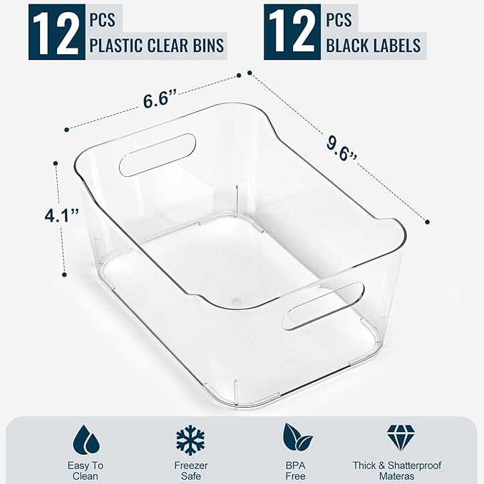 12 PACK Clear Plastic Storage Bins, Kitchen Cabinet Pantry Organizer Bins | Crystal-clear, Thicker, BPA Free, 12 Stickers - Multi-Use Containers for Home, Office, Shelf, Cupboard, Fridge Organization - Image 2