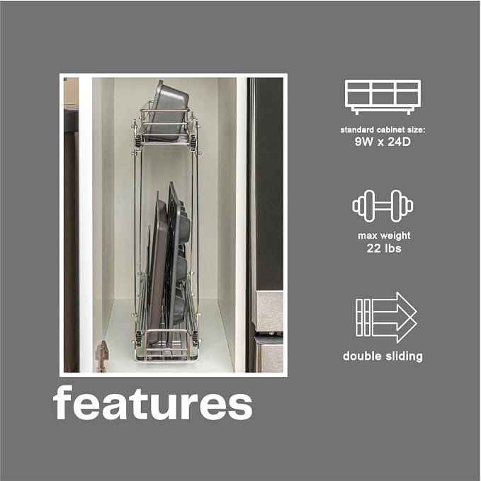 Household Essentials Glidez Multipurpose Chrome-Plated Steel Pull-Out/Slide-Out Storage Organizer for Cookware and Bakeware - 2-Tier Design - Fits Standard Size Cabinet or Shelf, Chrome - Image 4