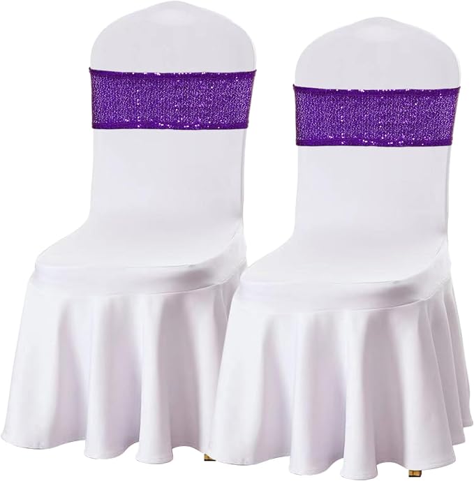 SquarePie Sequin Chair Sashes Bows 10 Pack Purple Shiny Chair Cover Bands for Wedding Banquet Party Decor - Image 2