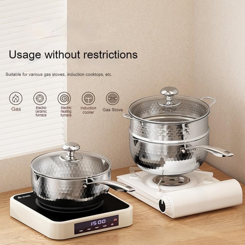 2 QT Tri-Ply Stainless Steel Hammered Saucepan with Steamer Visible Lid and Pour Spout Japanese Milk Pot for Cooking Milk Noodle Pasta Soup Vegetable Induction Compatible Dishwasher Safe - Image 2