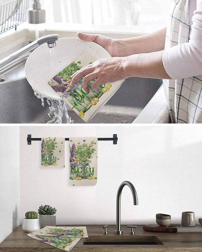 Lucky Clover Floral Dish Towels Set, Waffle Weave Kitchen Towels Microfiber Towels Cleaning Rustic St. Patricks Day Lavender Flower Soft Absorbent Dish Drying Towels Hand Towels 4 Pack 15.7x23.6 In - Image 6