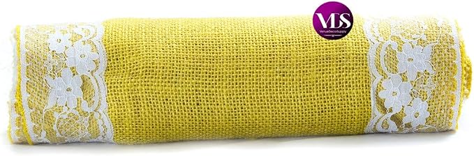 VDS Pack of 15, Burlap Table Runner with White Lace Edge, 100% Natural Jute Rustic Hessian Table Cloth Centerpiece for Wedding Birthday Party Banquet Table Decoration (Size 12X108 Inch)(Yellow) - Image 4