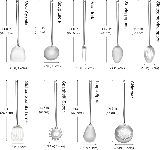 18/10 Stainless Steel Cooking Utensils Set,9 Pcs Professional All Metal Stainless Steel Kitchen Utensils Set with Wok Spatula,Soup Ladle,Skimmer,Slotted Spatula Turner, Large Spoon(Dishwasher Safe) - Image 3