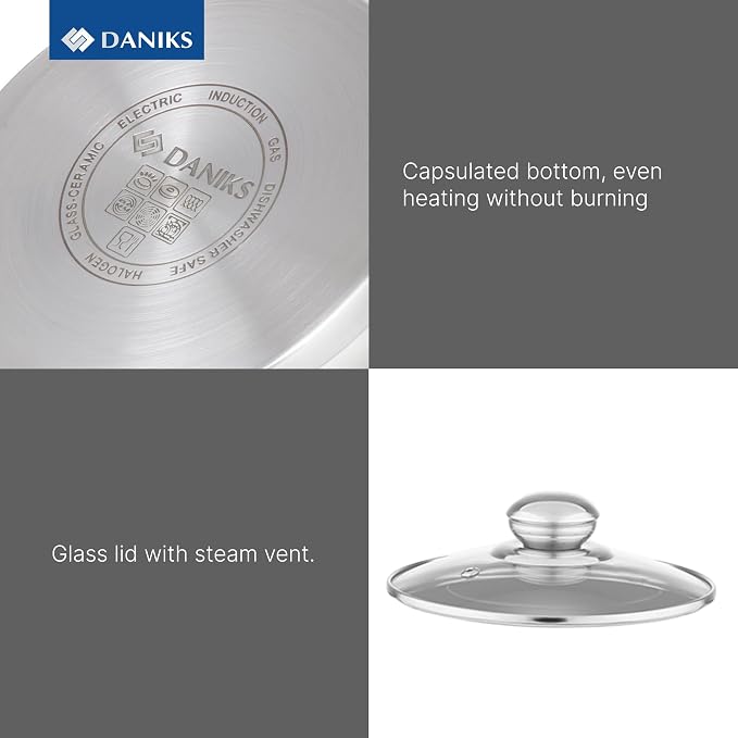 Daniks Classic 11-Piece Stainless Steel Cookware Set with Glass Lids, Includes Saucepan and Frying Pan with Lid, Tri-Ply Bases for Even Heating, Induction Compatible, Dishwasher Safe - Image 6