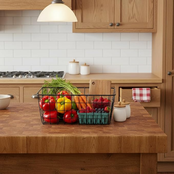 Kitchen Wire Baskets Farmhouse Decor Metal Food Storage Organizer, Household Refrigerator Bin with Built-in Handles for Cabinets,Pantry Set of 2 Black - Image 5