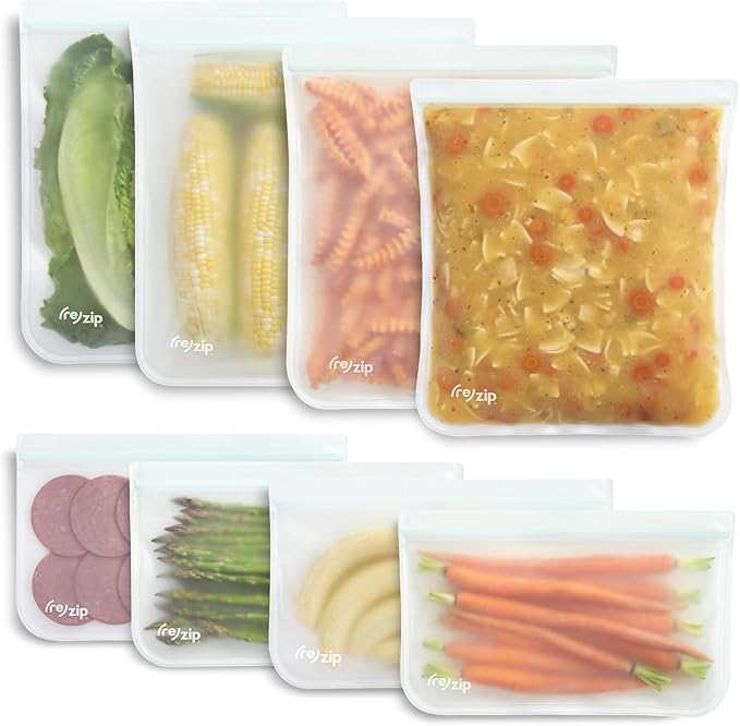 (re) zip Reusable Gallon & Half-Gallon Freezer Food Storage Bag 8-piece Kit | BPA-free, food-grade, leakproof, airtight. 4 gallon & 4 half-gallon bags for max freshness, ideal for BBQ prep & meal prep. by rezip